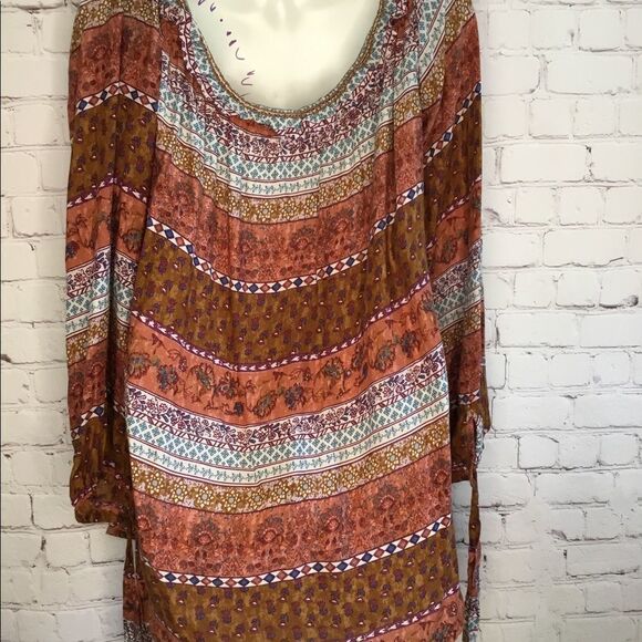 Beach lunch lounge Off Shoulder Rust Print Blouse Boho - Picture 10 of 10